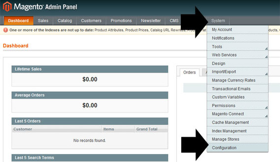 Magento admin panel showing 'System' drop down menu, and 'Configuration' tab.