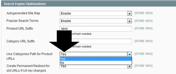 Detail of Magento admin showing where to click 'Use Categories Path for Product URLs' to change it from 'Yes' to 'No.'