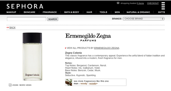 Example of an irrelevant landing page from Sephora. The page shows a Zegna fragrance, but the search term was "Zegna shirts."