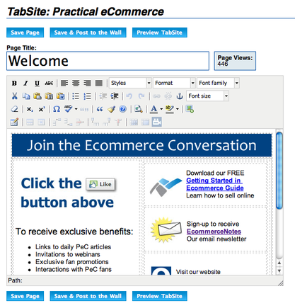 Practical eCommerce's 'Welcome' message on TabSite.