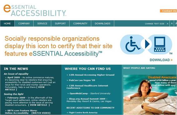 Home page of Essential Accessibility, a software service that makes online environments accessible to persons with disabilities.