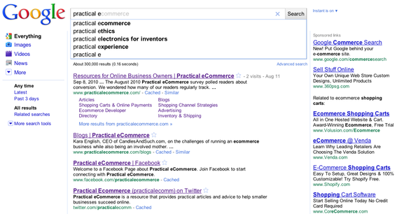 Instant Search results for "practical e", for a Practical eCommerce staff member.