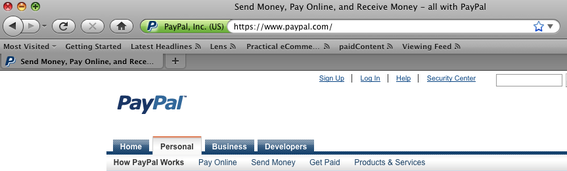 PayPal's green URL bar, for extended validation, as seen in Firefox.