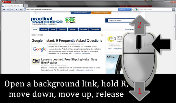 To open a background link, hold the right mouse button, move down, move up, release.