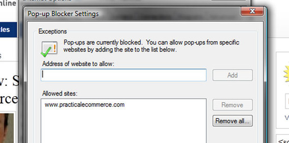 Adding exceptions to IE9's pop-up blocker settings.
