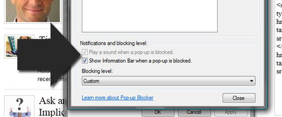 IE9 options to pop-up blocker notifications.