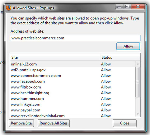 Adding pop-up exceptions in Firefox.