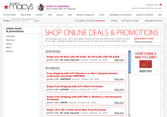 Macy's lists valid coupon codes on its website. 