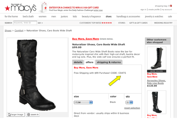 Macy's also shows coupon codes directly on the applicable product pages, in the "Offers" tab.