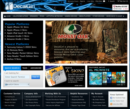 MobilizeToday.com will mobile-optimize DecalGirl.com in a forthcoming Practical eCommerce series. The "traditional" home page of DecalGirl is shown above.