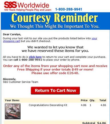 Remarketing "Courtesy reminder" email sample, S&S Worldwide.