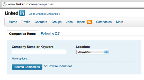 LinkedIn companies search page, for LinkedIn users.