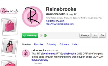 Rainebrooke's Cyber Monday promotions, on Twitter.