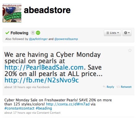 Beaded Impressions' Cyber Monday promotion, on Twitter.