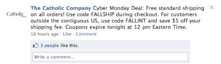 The Catholic Company's Cyber Monday promotion on Facebook.