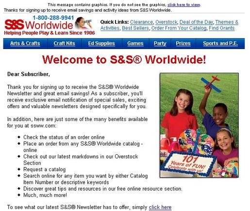 Sample 'Welcome' email from S&S Worldwide.