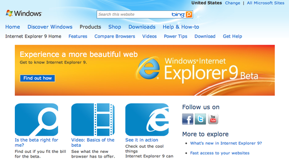 Internet Explorer 9 home page.