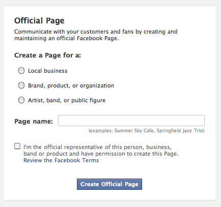 Choose 'Official Page' as the option when setting up a Facebook Page.