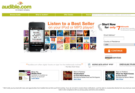 Audible.com sells downloadable audio books by subscription.