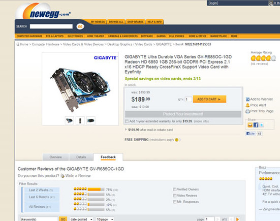Newegg does a good job of promoting customer created product reviews.