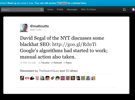 Twitter post from Google's Matt Cutts.