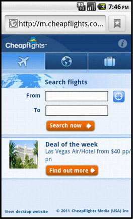 Cheapflights home page on on a smart phone.