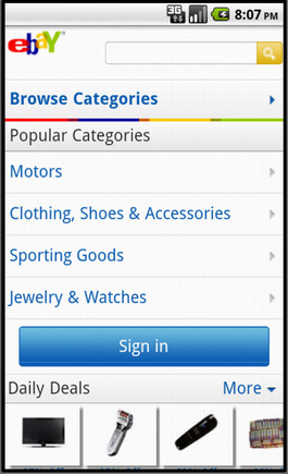 eBay home page on a smart phone.