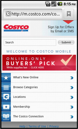 Costco home page on a smart phone.
