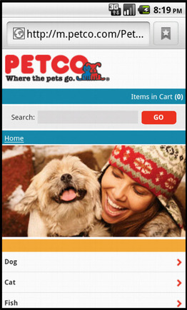Petco home page on a smart phone.