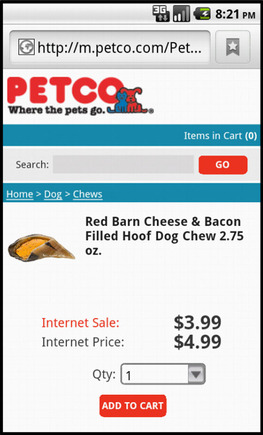 Petco product page on a smart phone.