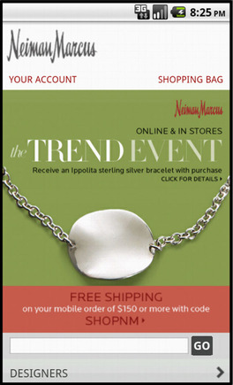 Neiman Marcus home page on a smart phone.