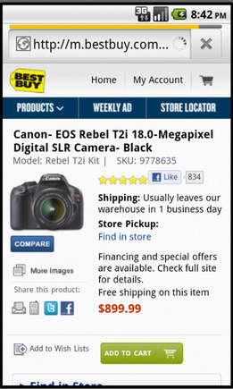 Best Buy product page on a smart phone.