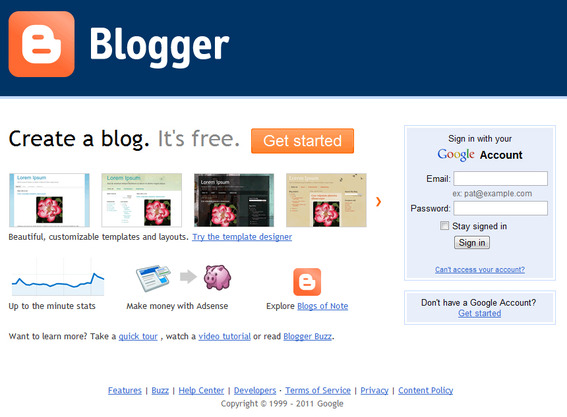 Blogger home page.