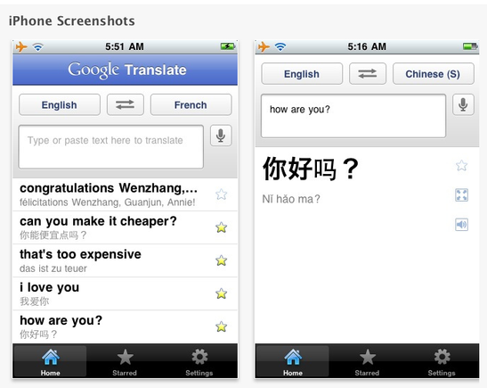 Google Translate iPhone App. Screenshots courtesy of Apple.