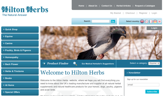 Hilton Herbs home page, offering multi-language "Select country" options (top right).