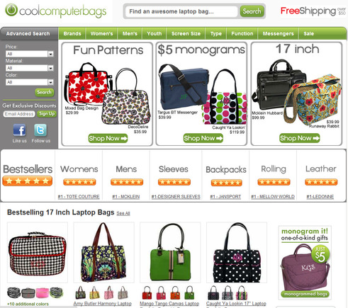 CoolComputerBags.com home page.