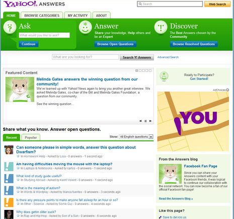 Yahoo! Answers home page.