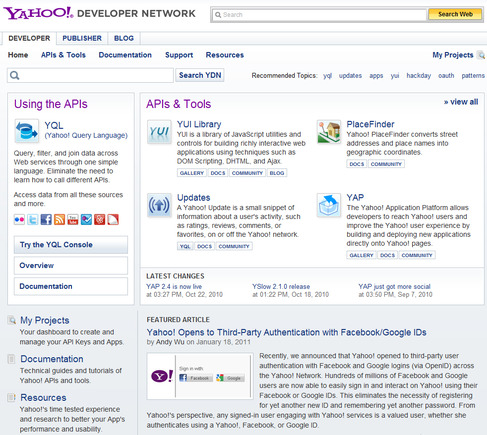Yahoo! Developer Network home page.