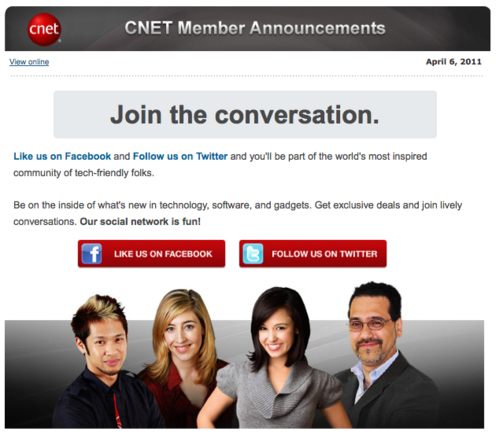 CNET email asking list members to Like the company Facebook Page.