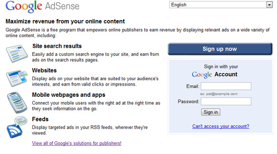 Google AdSense home page.