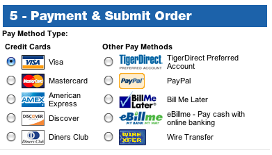 TigerDirect.com offers many payment methods.
