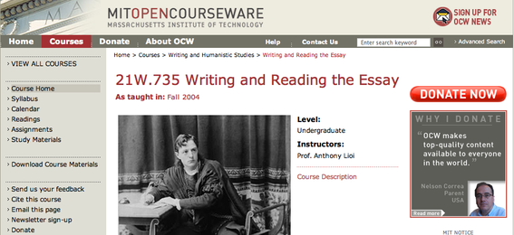 "Writing and Reading the Essay" at MIT Open Courseware