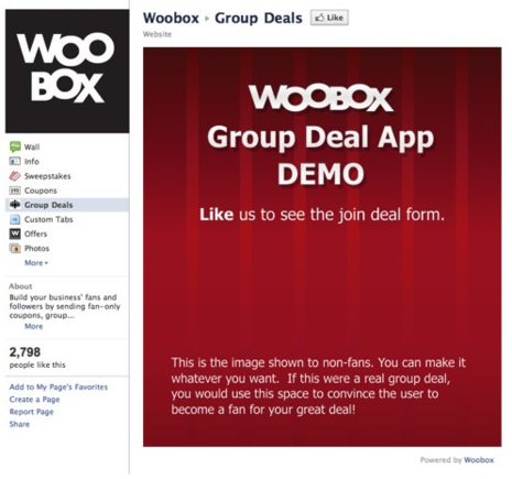 Woobox and others offer a group coupon deals app for use in Facebook.