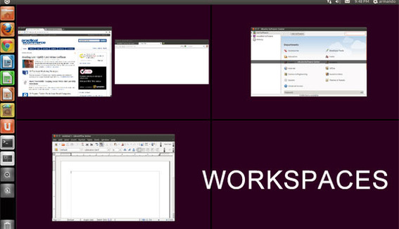 Workspaces in Ubuntu 11.04's Unity desktop allows users to organize applications.