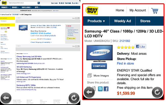 Screenshots of Best Buy's website (left) and its mobile version (right).