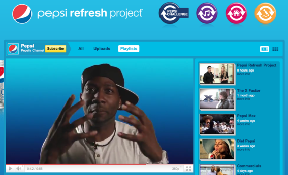 Pepsi ties its YouTube channel to Pepsi Refresh, a community development project.