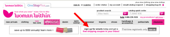 The "sign up for emails" registration banner - on the lower right - appears on every page of WomanWithin.com.
