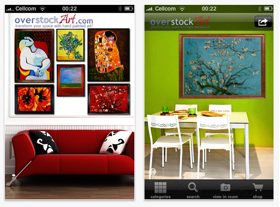 Screen captures, OverstockArt's iPhone decorating app.
