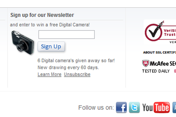 Abe's of Maine gives away digital cameras to boost newsletter subscriptions.