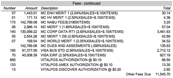 Merchant Account Statement - "Fees" section.